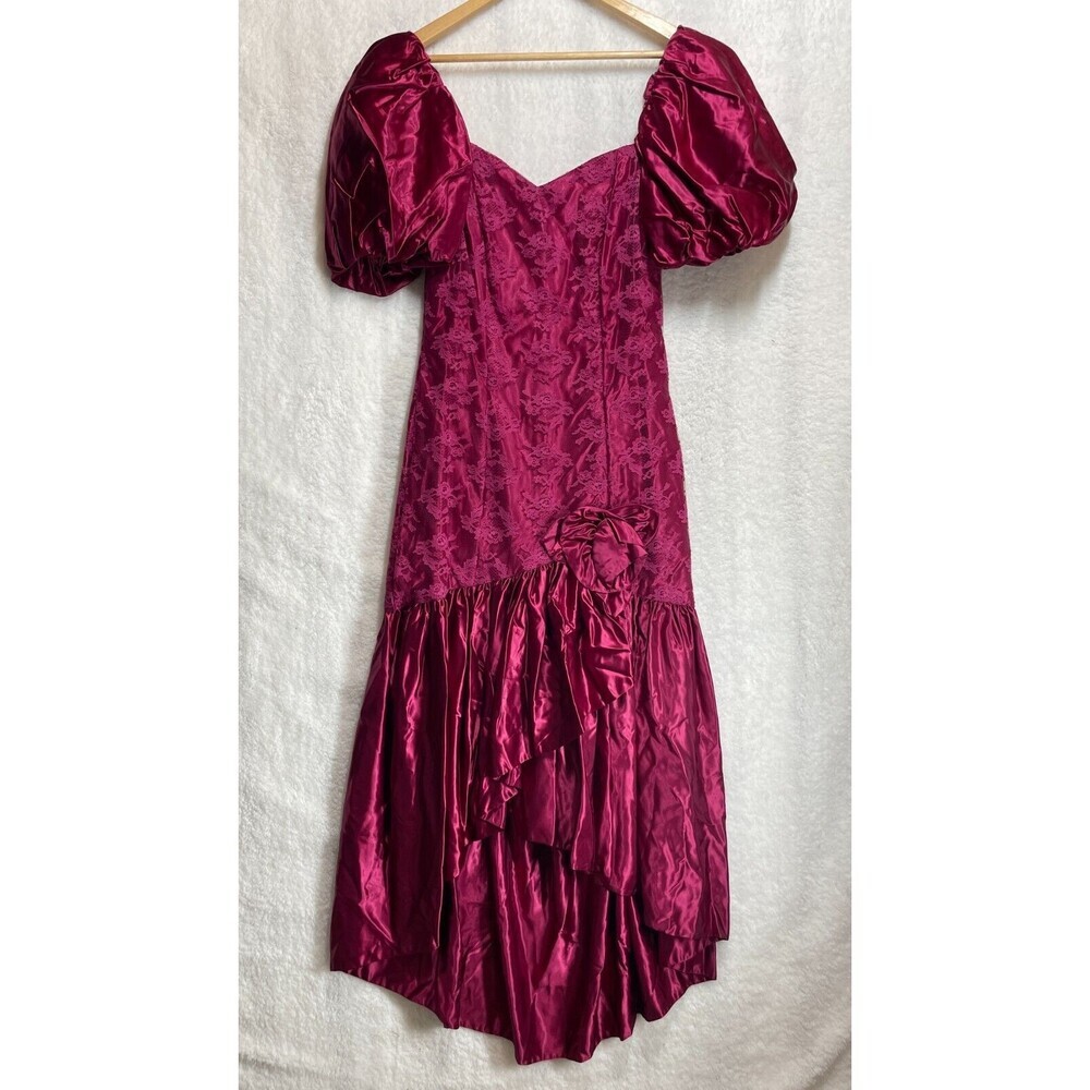 Vintage 80s Magenta Lace Satin Dress Puff Sleeve Prom Party Retro Size Small - Picture 1 of 15